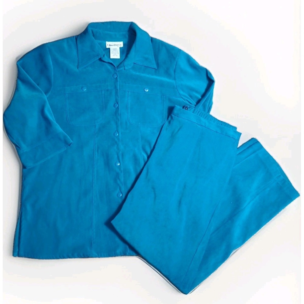 Vtg 80s Ultra Dress Womans 14W Turquoise 3/4‎ sleeve Button Up Shirt & Pants 392